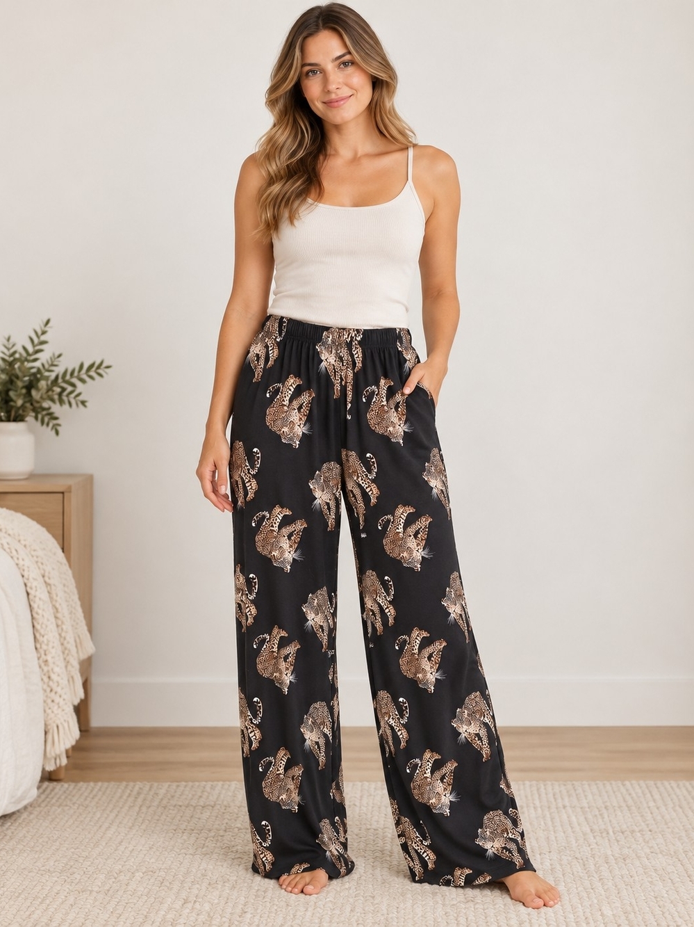 Sleep Studio Black Leopard Print Wide Leg Pajama Lounge Pants L